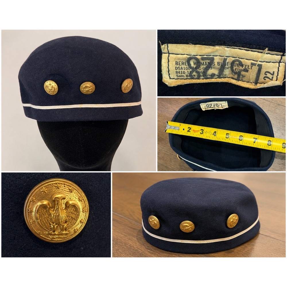 Vintage Beresford Women's Blue Wool Military Style Pillbox Hat Gold Eagle Button